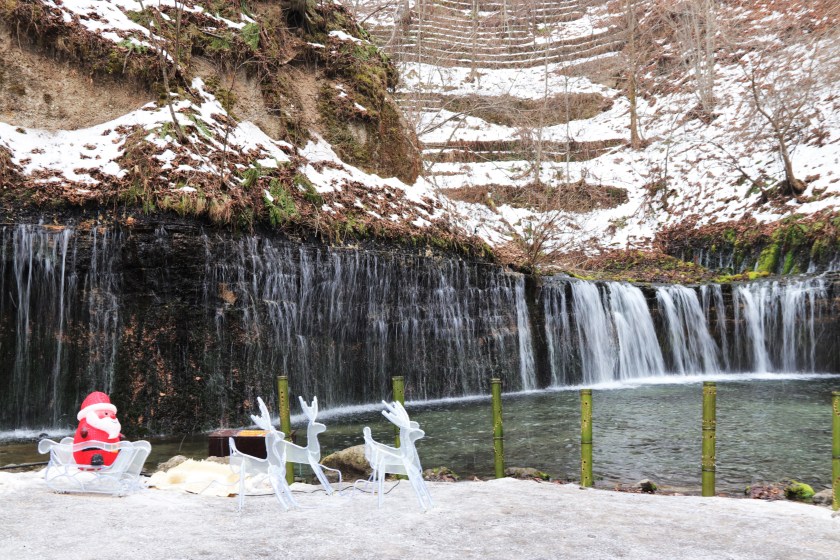 Santa Claus and reindeer decoration at Shiraito Falls, Karuizawa, Nagano, Japan