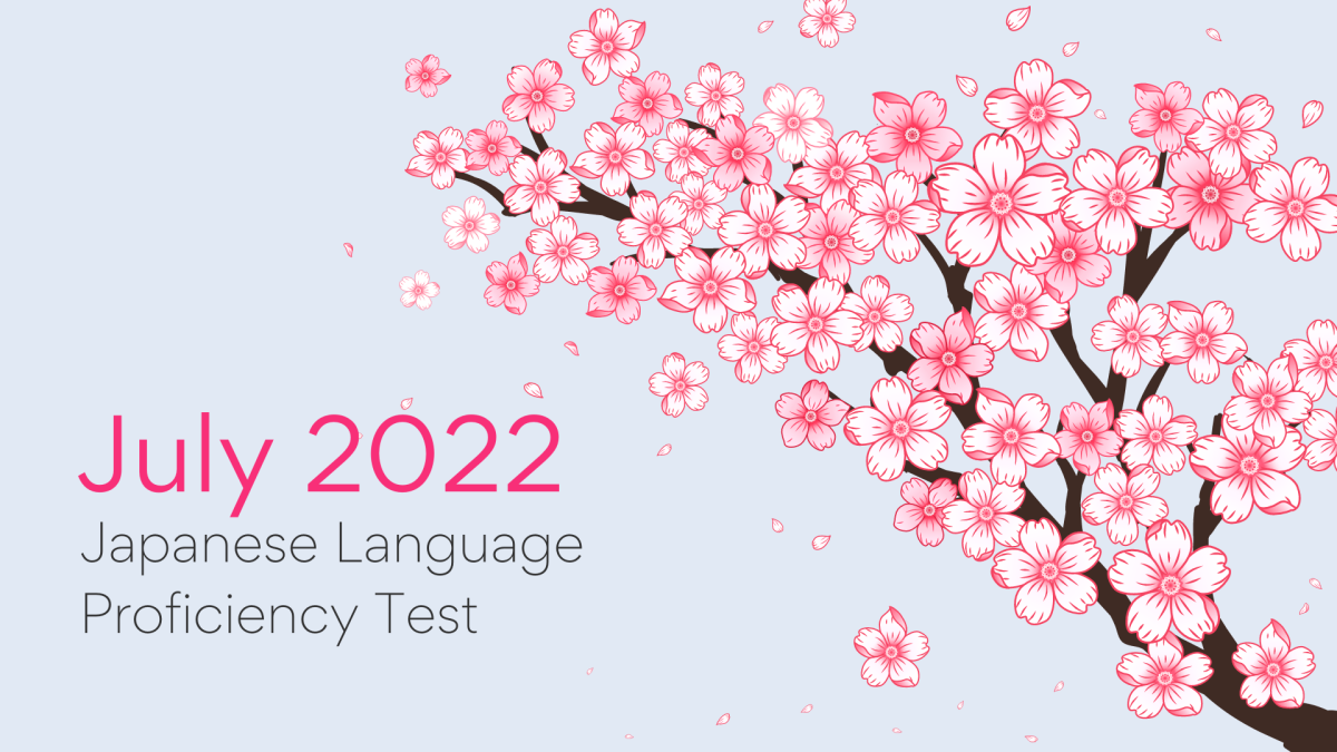 July 2022 Japanese Language Proficiency Test banner with cherry blossoms graphic design