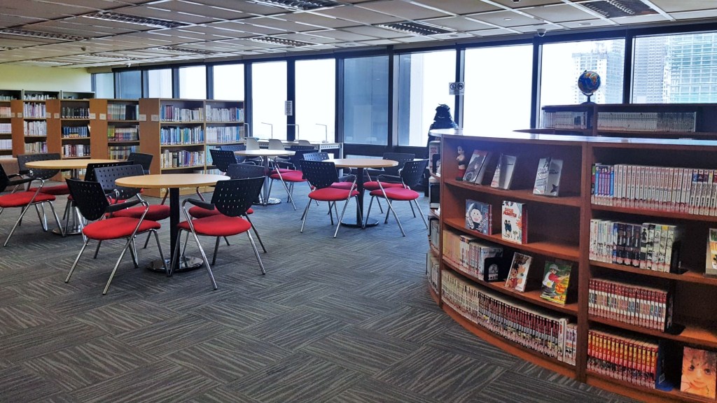 Bookshelves and study area at the Japan Foundation Manila Library in Makati Philippines