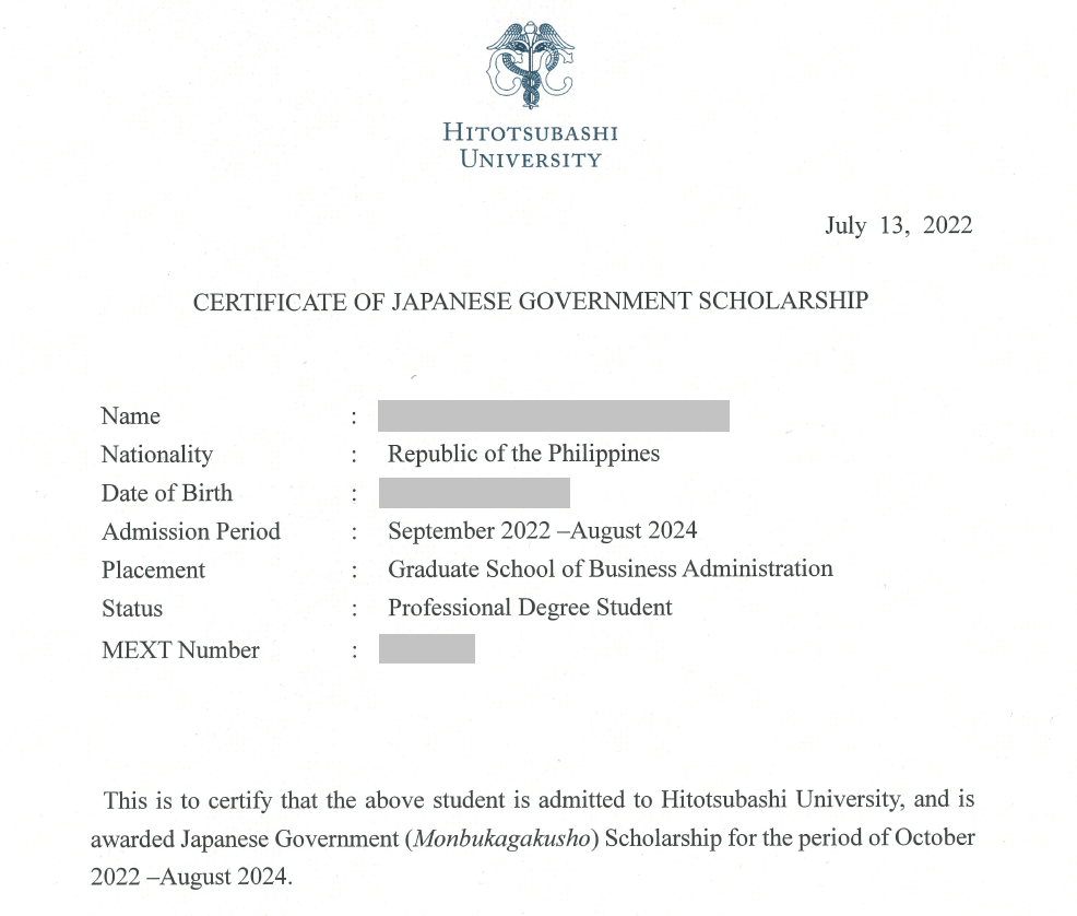 Certificate of Japanese government scholarship excerpt